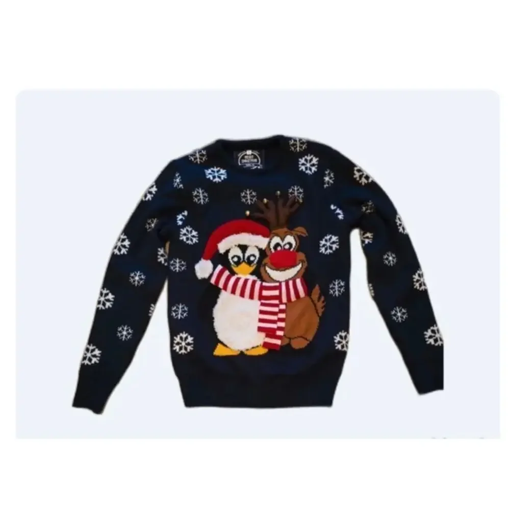 Christmas Sweater Penguin Reindeer Snowflakes Size M Mens Blue Jumper Textured